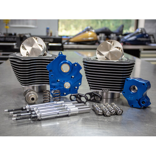124ci Big Bore Kit with Chain Drive 550 Camshaft, Highlighted Fins & Chrome Pushrod Tubes. Fits Milwaukee-Eight 2017up with 107ci Oil Cooled Engine.