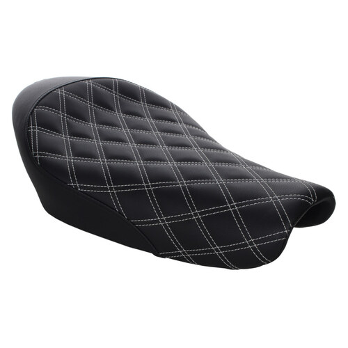 Renegade LS Solo Seat with White Double Diamond Lattice Stitch. Fits Sportster 2004-2021 with 3.3 Gallon Fuel Tank.