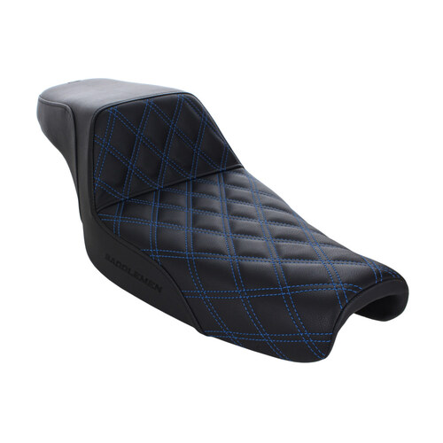 Step-Up LS Dual Seat with Blue Double Diamond Lattice Stitch. Fits Sportster 2004-2021 with 3.3 Gallon Fuel Tank.