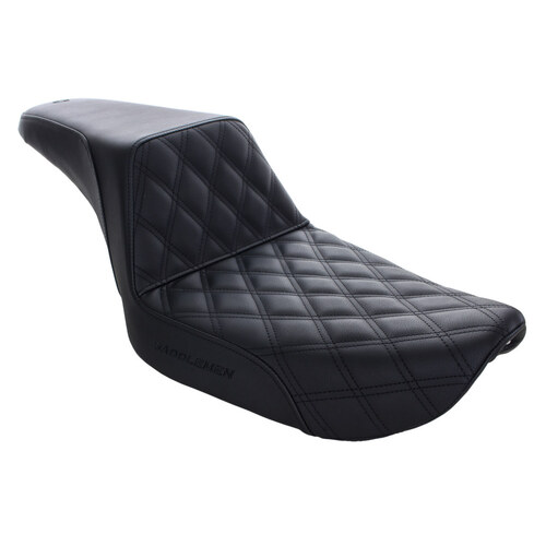 Step-Up LS Dual Seat with Black Double Diamond Lattice Stitch. Fits Dyna 1996-2003.