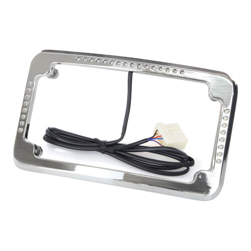 Curved Slick Signal Run, Turn, Brake & Number Plate Frame – Chrome. Fits Softail 1999-2010, FXD 1999-2017 & Sportster 1999-2021.