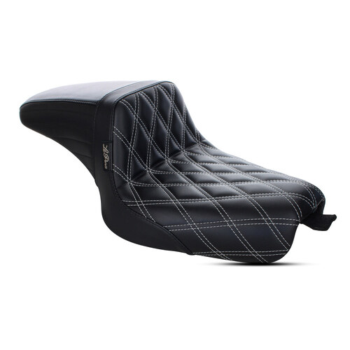 Kickflip Dual Seat with White Double Diamond Stitch. Fits Sportster 2004-2006 & Sportster 2010-2021 Models with either 3.3 or 4.5 Gallon Tank.