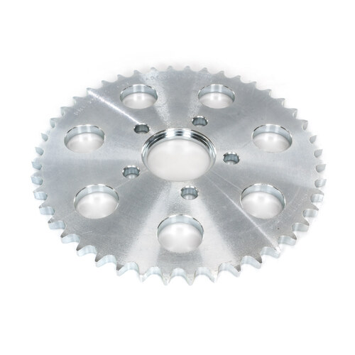 44 Tooth, Flat Steel Rear Chain Sprocket – Silver Zinc. Fits Big Twin 1973up & Sportster 1982up.
